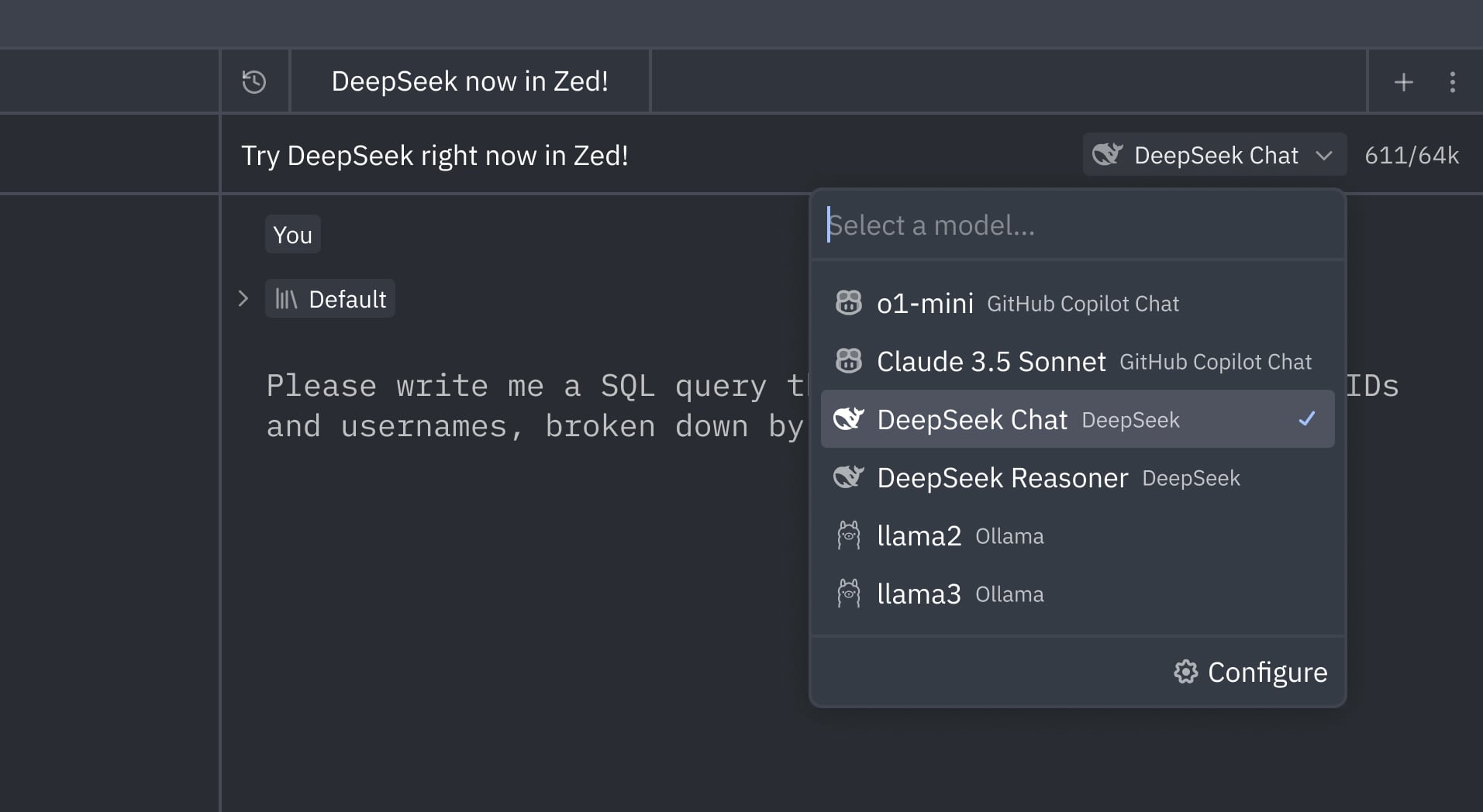 Selecting DeepSeek Chat from the Model dropdown